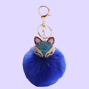 Fluffy Fox Blue Rose Pink Pearl and Gold Rhinestone Pom Bag Charm Keychain